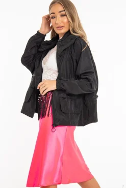Rebellious Fashion Black Hooded Zip Front Rain Parka - Leticia