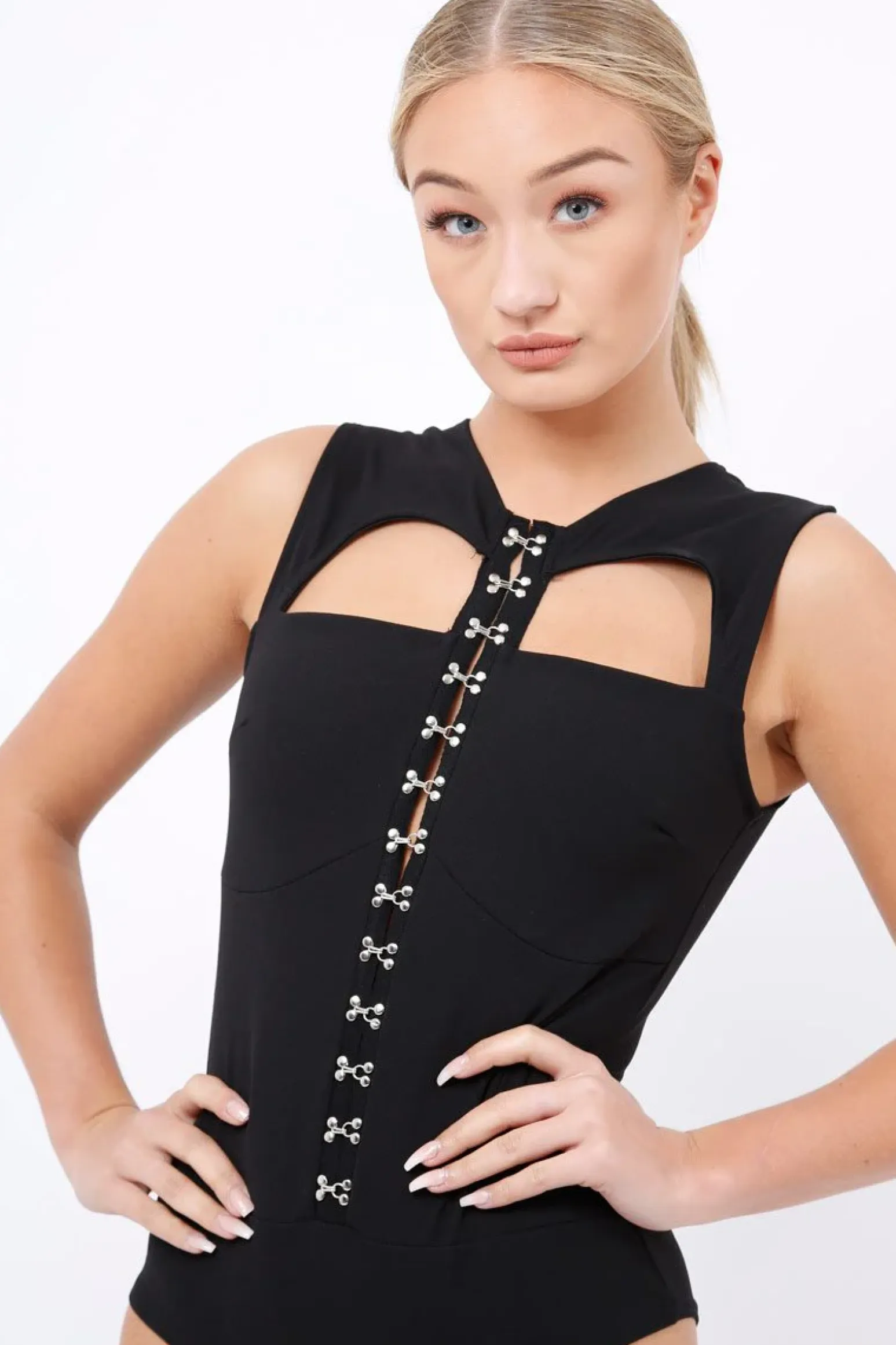 Rebellious Fashion Black Hook And Eye Cut Out Bodysuit - Reign