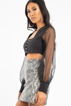 Rebellious Fashion Black Hook And Eye Mesh Sleeve Crop Top - Raylen