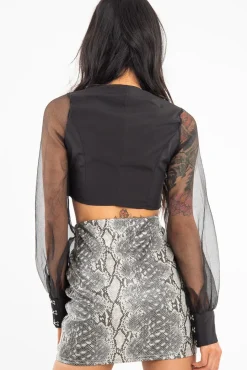 Rebellious Fashion Black Hook And Eye Mesh Sleeve Crop Top - Raylen