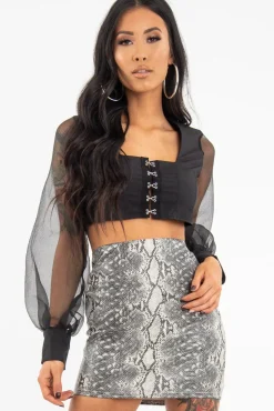 Rebellious Fashion Black Hook And Eye Mesh Sleeve Crop Top - Raylen