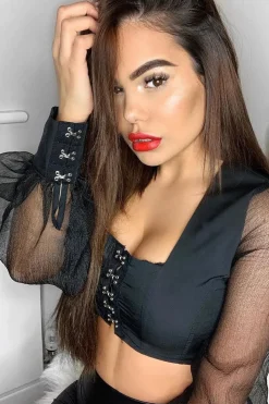 Rebellious Fashion Black Hook And Eye Mesh Sleeve Crop Top - Raylen