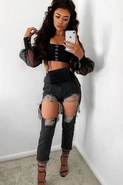 Rebellious Fashion Black Hook And Eye Mesh Sleeve Crop Top - Raylen