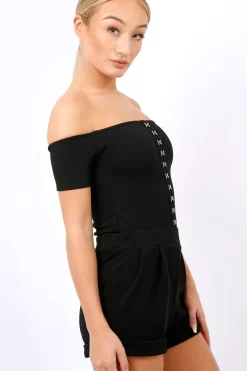 Rebellious Fashion Black Hook And Eye Off Shoulder Playsuit - Caitlyn