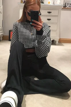 Rebellious Fashion Black Hounds-Tooth Cropped Batwing Jumper - Lizy
