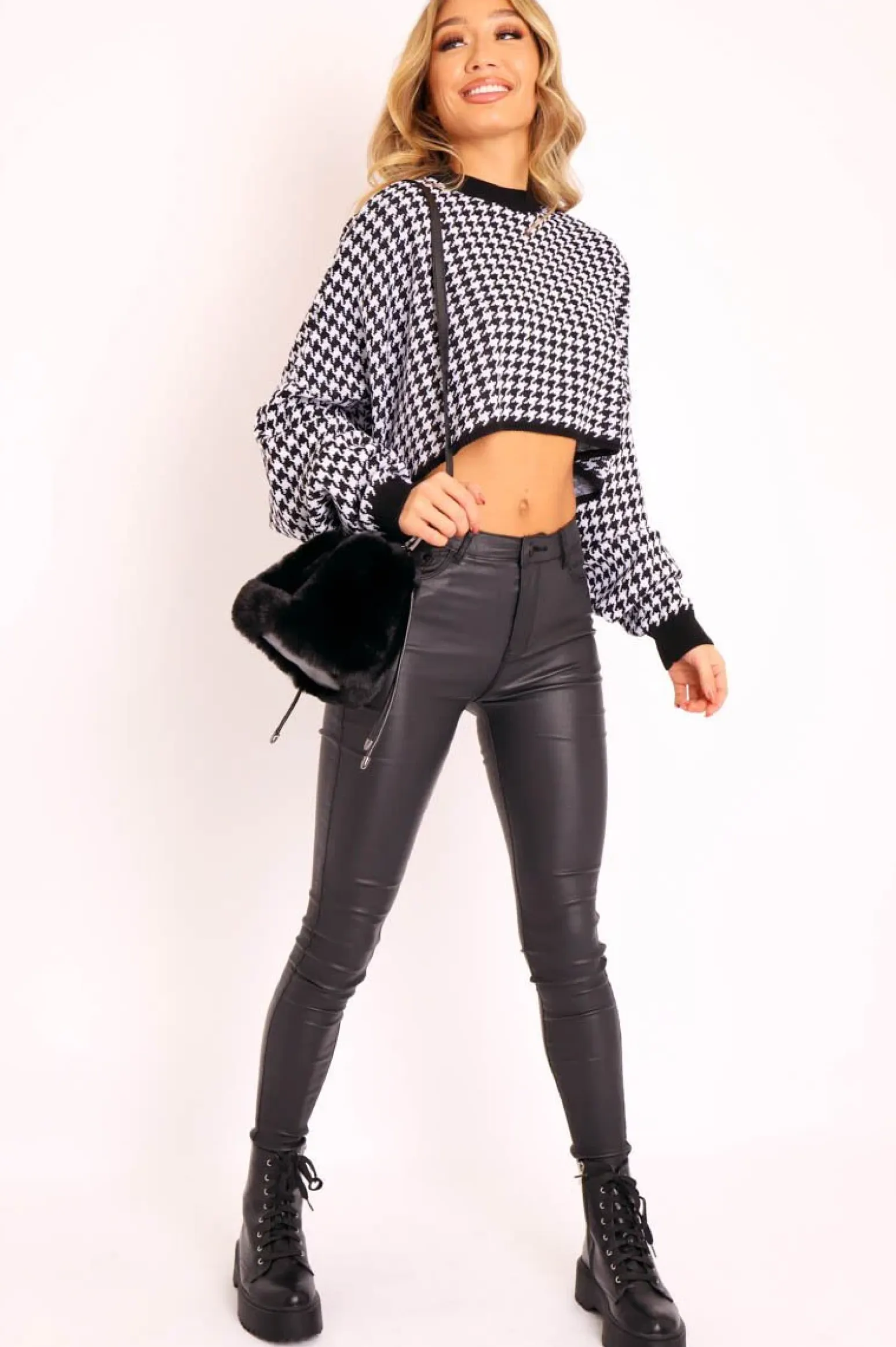 Rebellious Fashion Black Hounds-Tooth Cropped Batwing Jumper - Lizy
