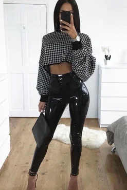 Rebellious Fashion Black Hounds-Tooth Cropped Batwing Jumper - Lizy