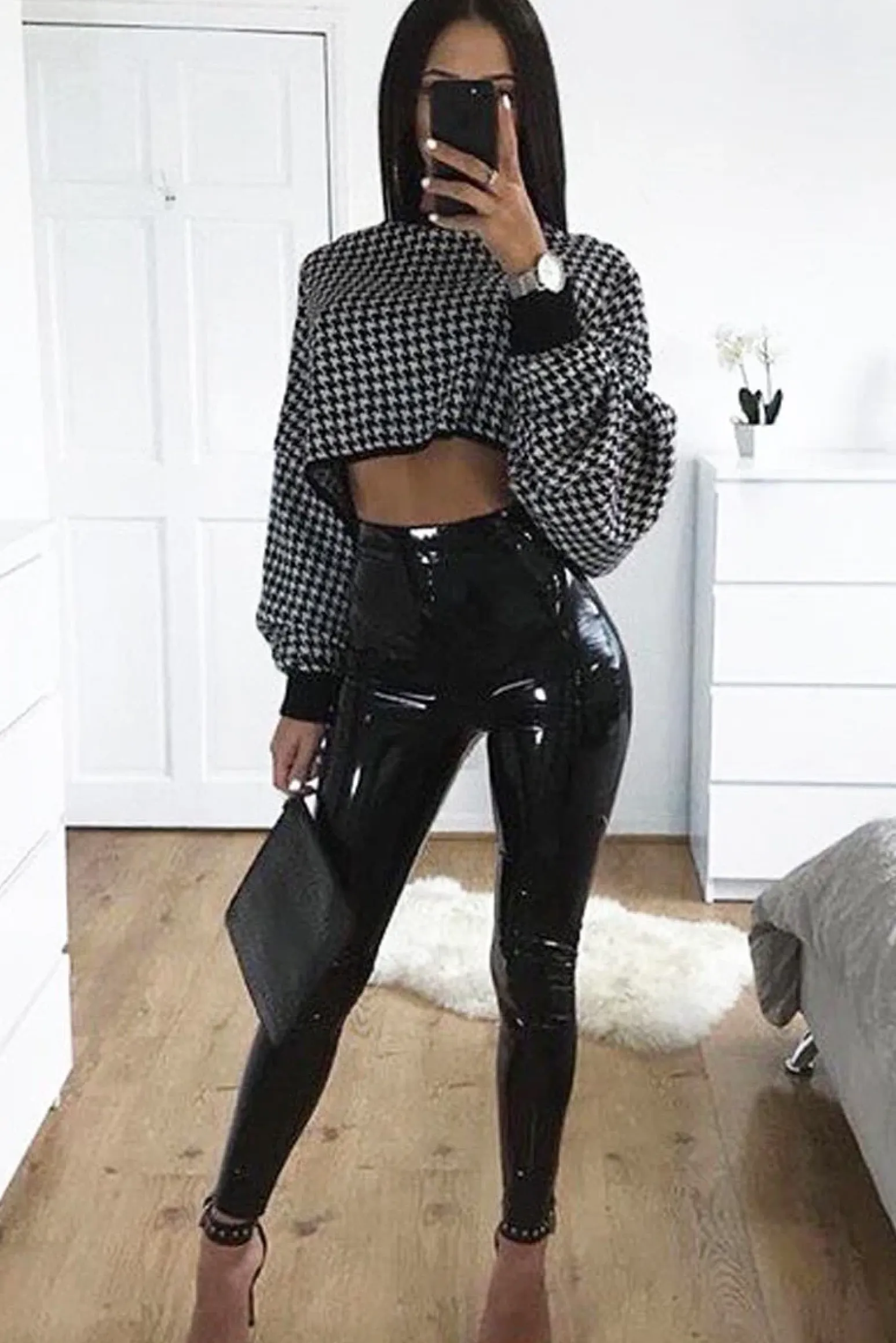 Rebellious Fashion Black Hounds-Tooth Cropped Batwing Jumper - Lizy