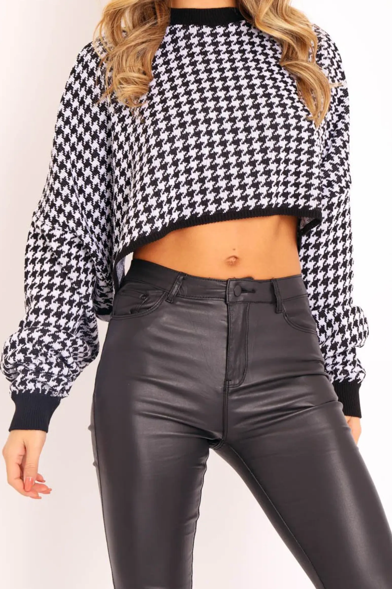Rebellious Fashion Black Hounds-Tooth Cropped Batwing Jumper - Lizy