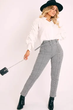 Rebellious Fashion Black Houndstooth Print Belted Trousers - Kirstie