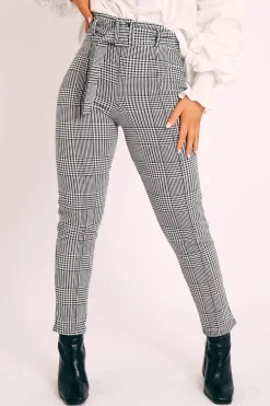 Rebellious Fashion Black Houndstooth Print Belted Trousers - Kirstie