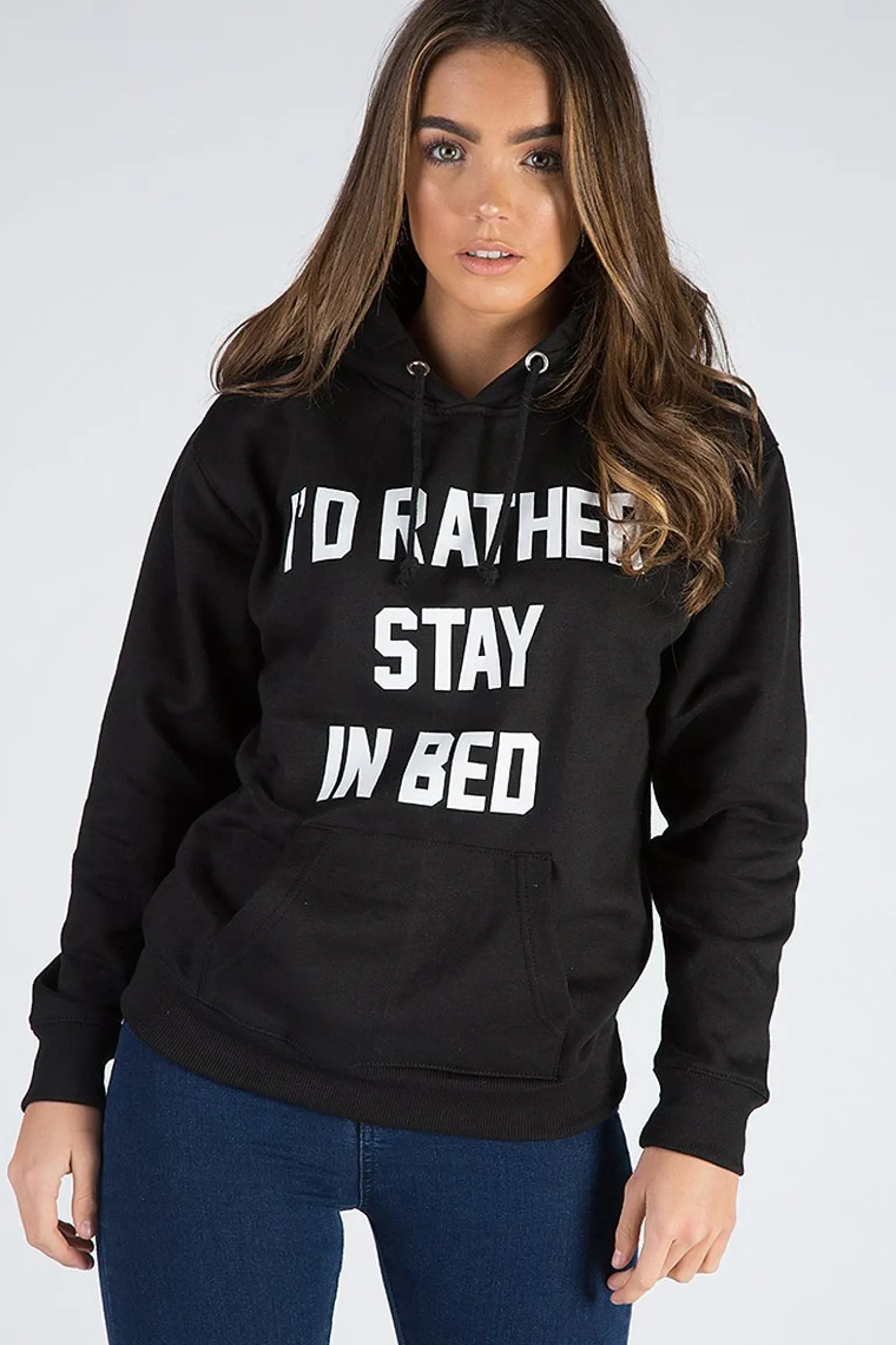 Rebellious Fashion Black I'd Rather Stay In Bed Slogan Hoodie - Tammy
