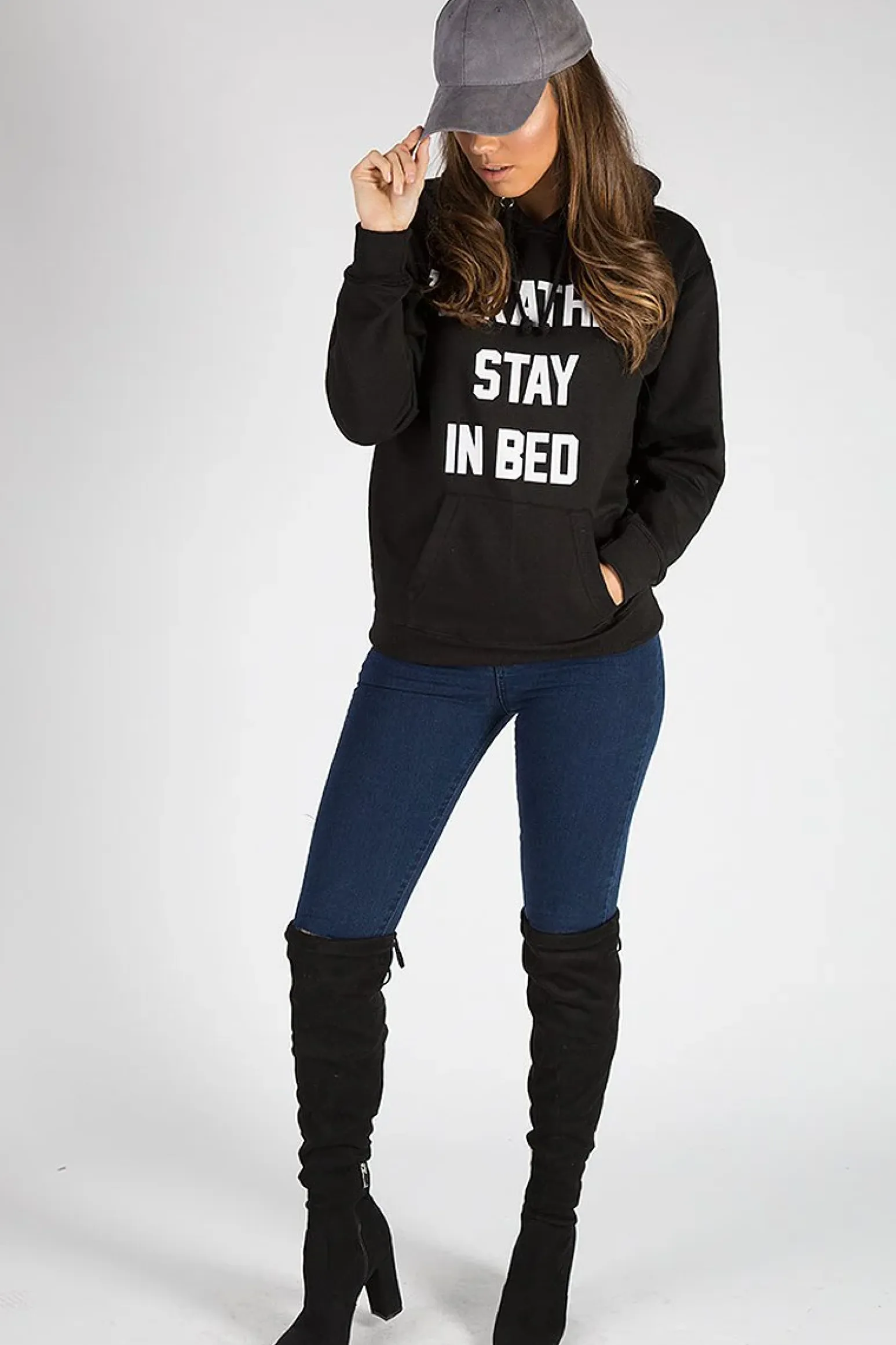 Rebellious Fashion Black I'd Rather Stay In Bed Slogan Hoodie - Tammy