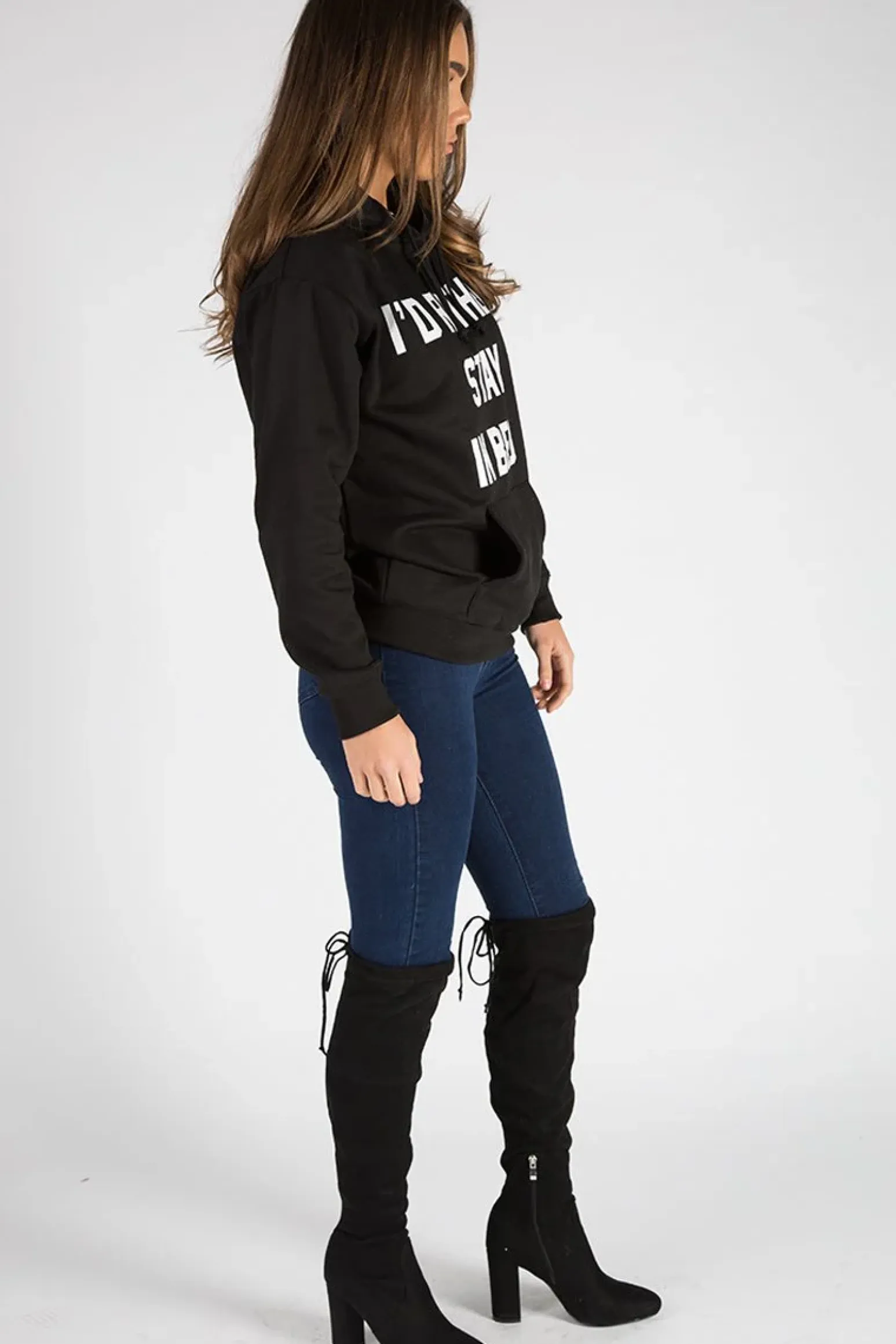 Rebellious Fashion Black I'd Rather Stay In Bed Slogan Hoodie - Tammy