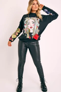 Rebellious Fashion Black Illustration Graphic Print Sweatshirt - Cammie