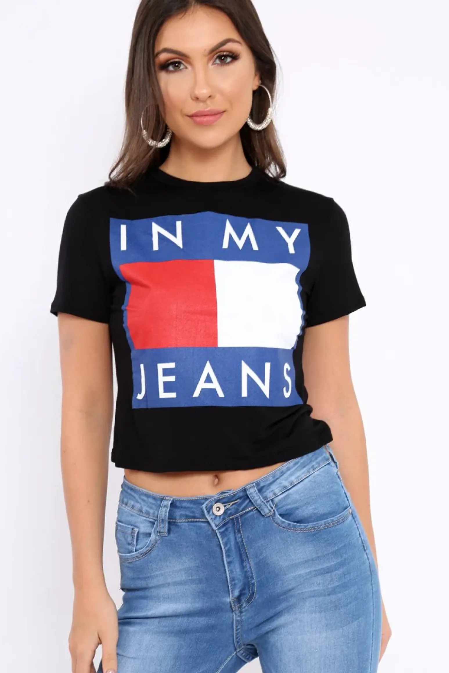 Rebellious Fashion Black In My Jeans Crew Neck Top - Tura