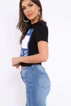 Rebellious Fashion Black In My Jeans Crew Neck Top - Tura
