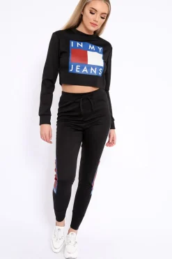 Rebellious Fashion Black In My Jeans Cropped Top Loungewear Set - Yarely