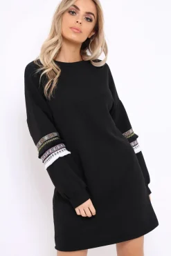 Rebellious Fashion Black Jumper Dress with Sleeve Trim Detail - Hermina