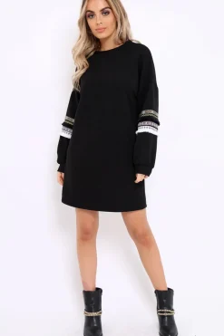 Rebellious Fashion Black Jumper Dress with Sleeve Trim Detail - Hermina