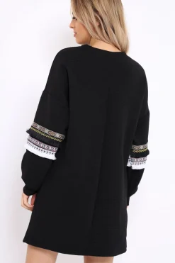Rebellious Fashion Black Jumper Dress with Sleeve Trim Detail - Hermina