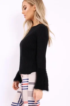 Rebellious Fashion Black Jumper with Fluffy Cuffs - Maizey
