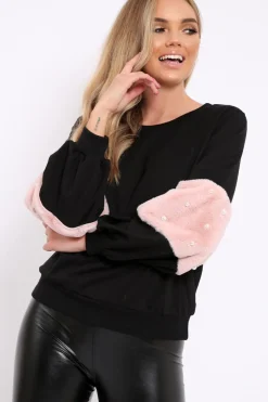 Rebellious Fashion Black Jumper with Fur and Pearl Sleeves - Izabella