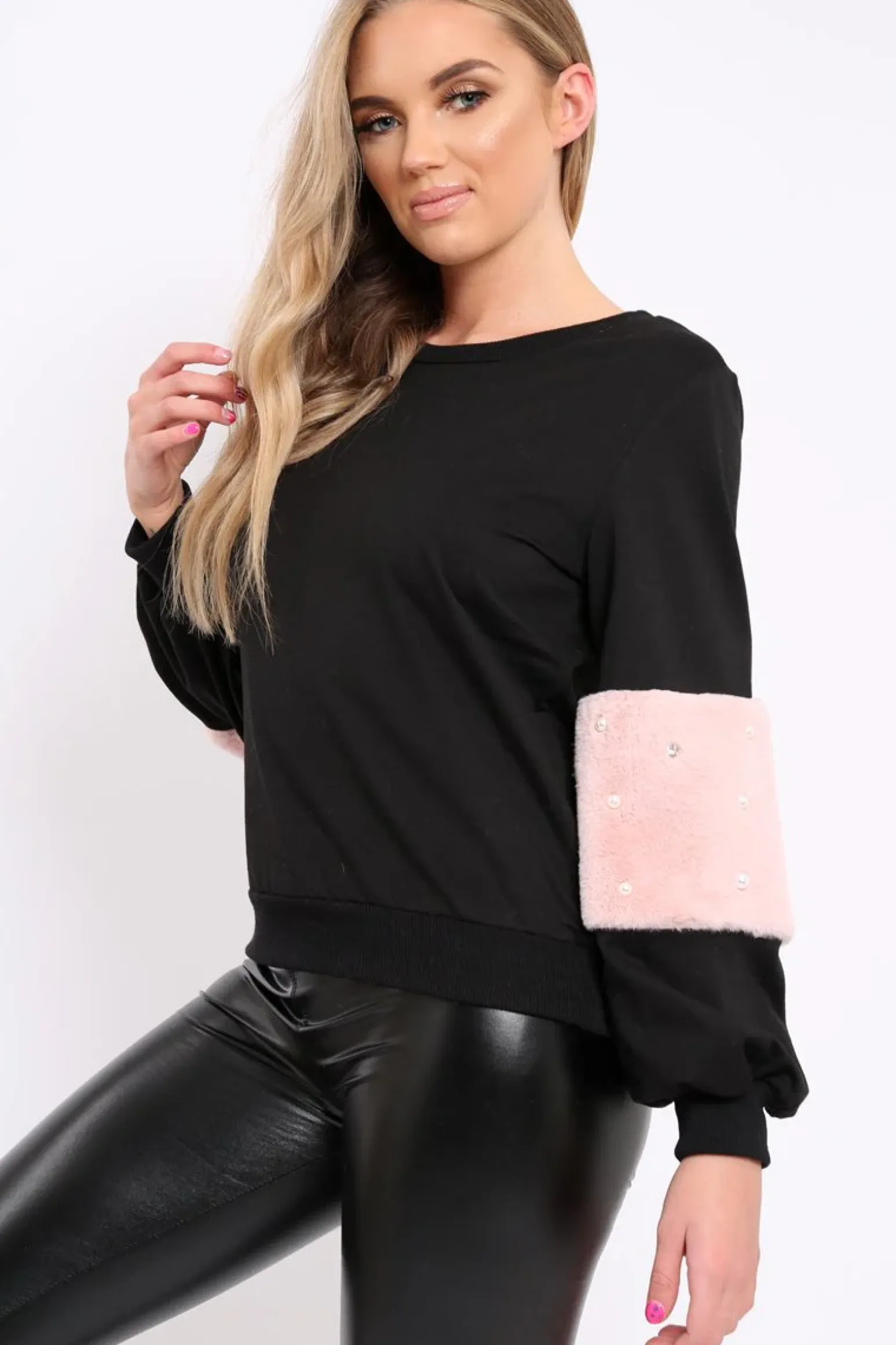 Rebellious Fashion Black Jumper with Fur and Pearl Sleeves - Izabella