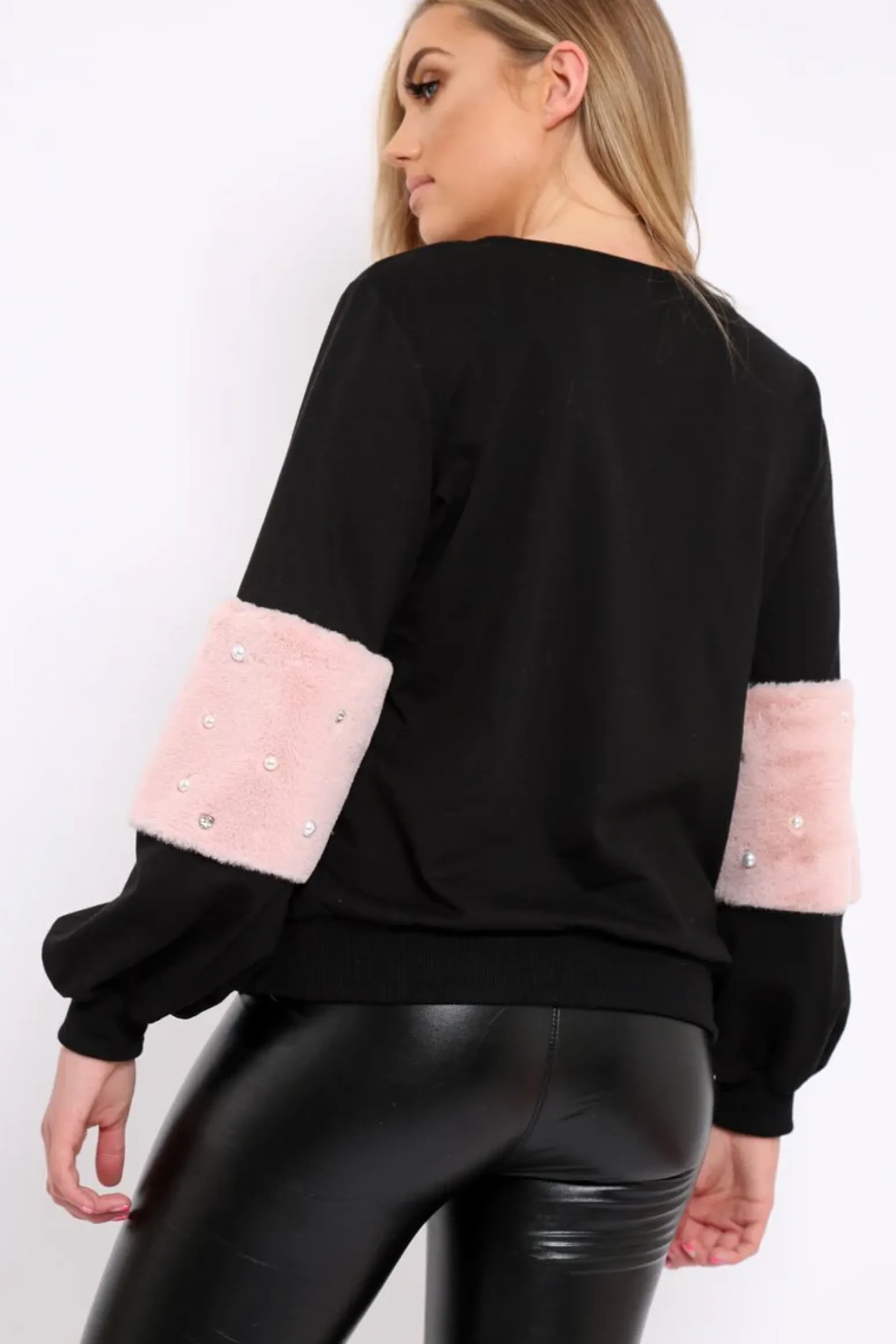 Rebellious Fashion Black Jumper with Fur and Pearl Sleeves - Izabella