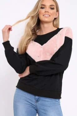 Rebellious Fashion Black Jumper with Fur and Pearl Front - Annita