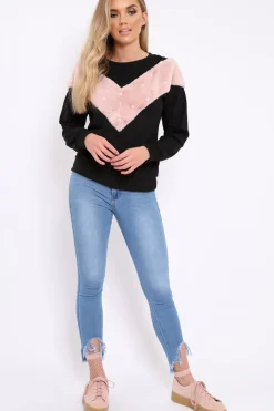Rebellious Fashion Black Jumper with Fur and Pearl Front - Annita