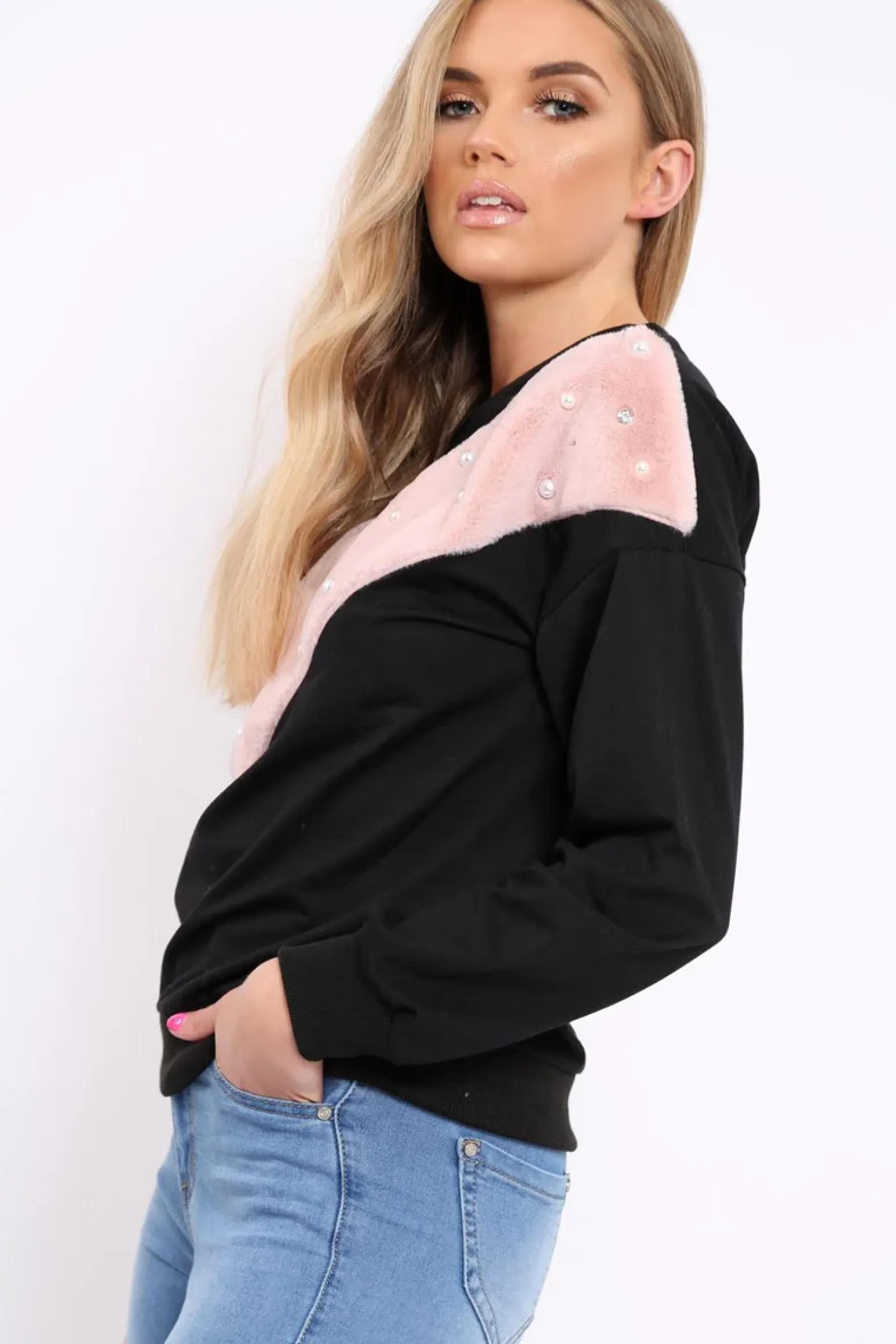 Rebellious Fashion Black Jumper with Fur and Pearl Front - Annita