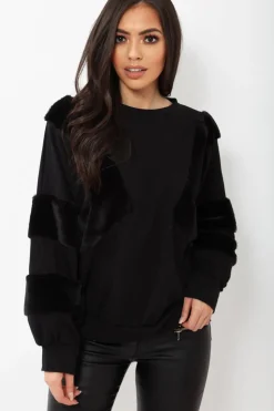 Rebellious Fashion Black Jumper with Fur on Front and Sleeves - Mercedes