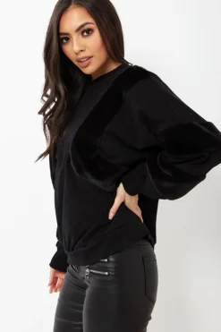 Rebellious Fashion Black Jumper with Fur on Front and Sleeves - Mercedes