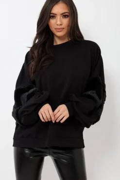 Rebellious Fashion Black Jumper with Fur Sleeves - Stephanie