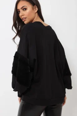 Rebellious Fashion Black Jumper with Fur Sleeves - Stephanie