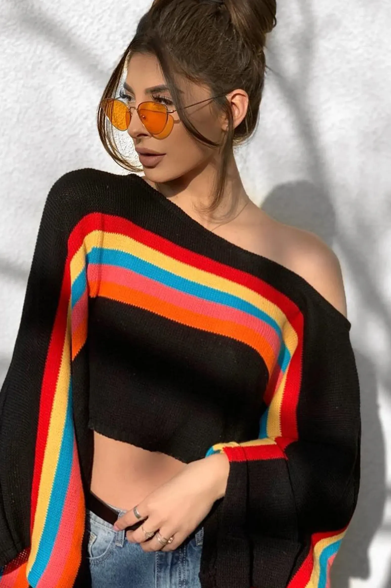 Rebellious Fashion Black Jumper with Stripe Rainbow Middle Jumper - Dasie