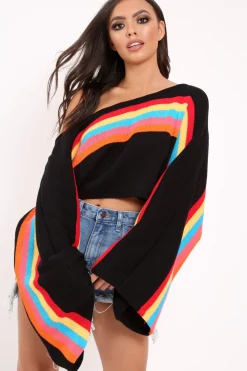 Rebellious Fashion Black Jumper with Stripe Rainbow Middle Jumper - Dasie
