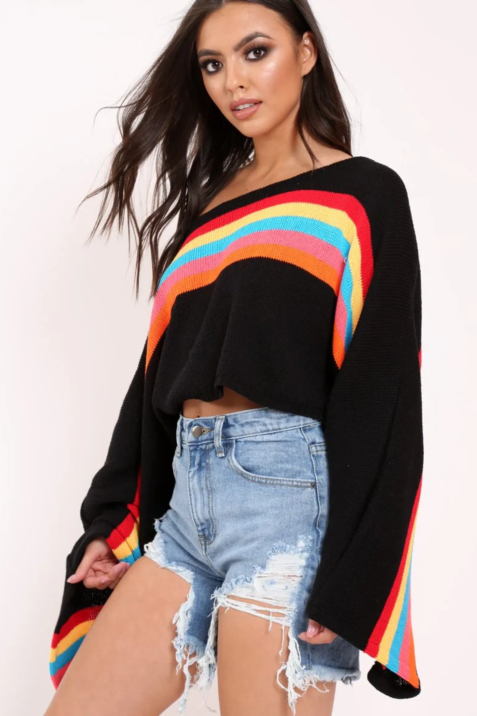 Rebellious Fashion Black Jumper with Stripe Rainbow Middle Jumper - Dasie