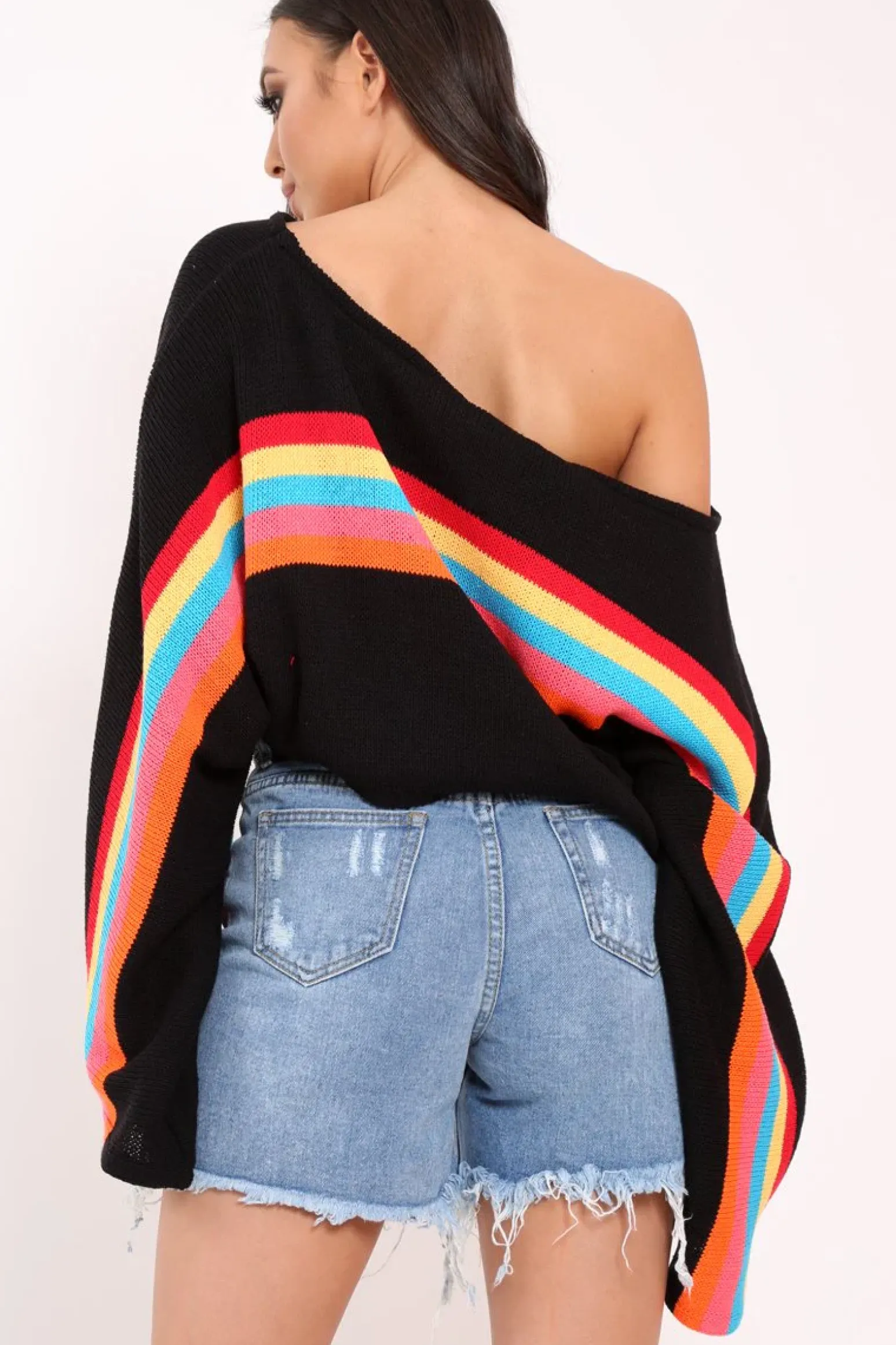 Rebellious Fashion Black Jumper with Stripe Rainbow Middle Jumper - Dasie