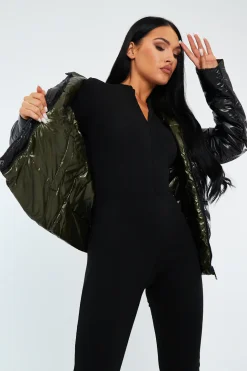 Rebellious Fashion Black Khaki Wet Look Reversible Fur Hood Puffer Jacket - Zadie
