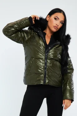 Rebellious Fashion Black Khaki Wet Look Reversible Fur Hood Puffer Jacket - Zadie