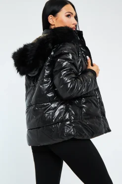 Rebellious Fashion Black Khaki Wet Look Reversible Fur Hood Puffer Jacket - Zadie
