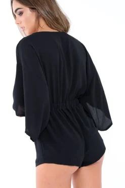 Rebellious Fashion Black Kimono Plunge Playsuit - Alisa