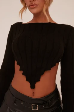 Rebellious Fashion Black Knit Asymmetric Hem Cropped Jumper - Prima