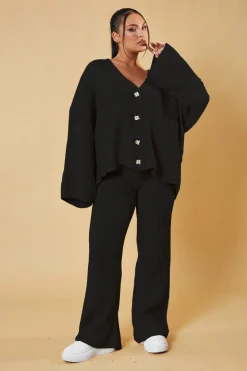 Rebellious Fashion Black Knit Button Up Top & Flared Leg Trouser Co-ord Set - Ellan