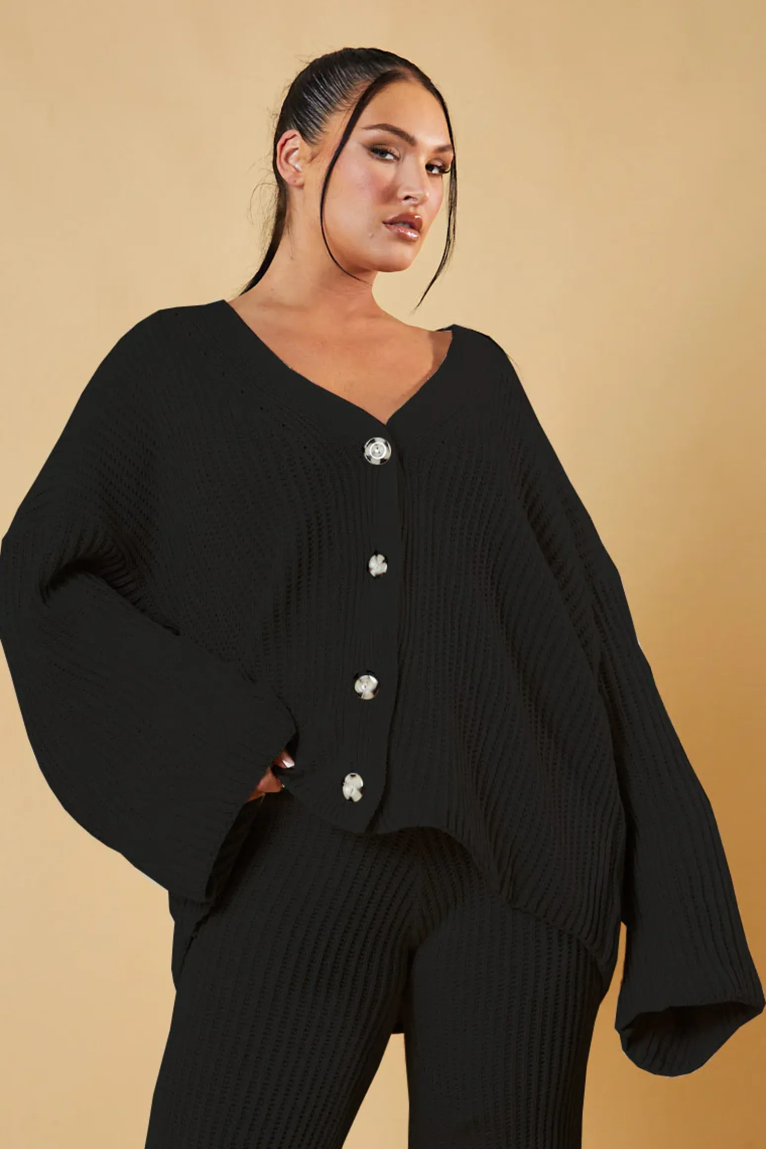 Rebellious Fashion Black Knit Button Up Top & Flared Leg Trouser Co-ord Set - Ellan