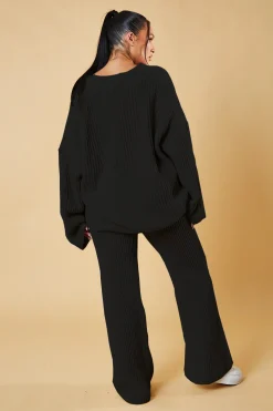 Rebellious Fashion Black Knit Button Up Top & Flared Leg Trouser Co-ord Set - Ellan