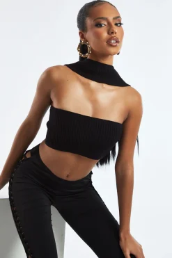 Rebellious Fashion Black Knit Choker Neck Cropped Top - Lia