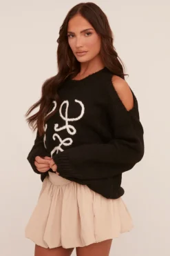Rebellious Fashion Black Knit Contrast Stitch Round Neck Oversized Jumper - Oreta